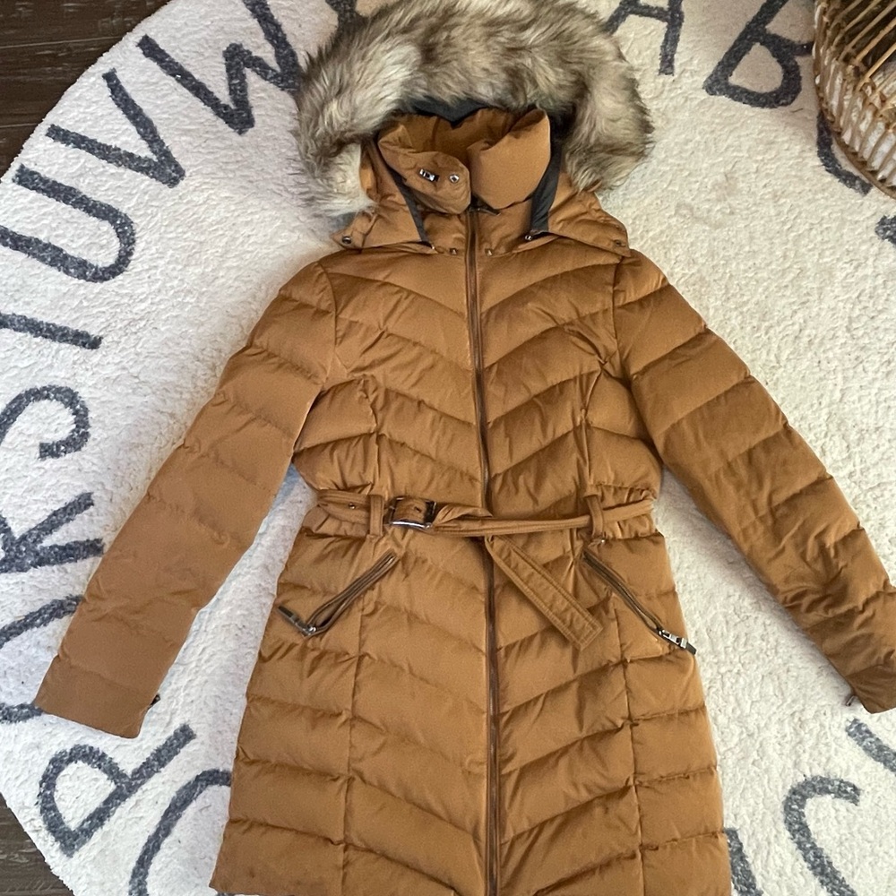 Zara Tan Puffer Coat with Faux Fur Hood